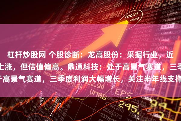 杠杆炒股网 个股诊断：龙高股份：采掘行业，近期资源股活跃带动股价上涨，但估值偏高。鼎通科技：处于高景气赛道，三季度利润大幅增长，关注半年线支撑（胡佳）